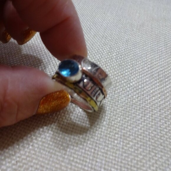 Unique BLUE TOPAZ Handmade SPINNER RING in SILVER, COPPER & GOLD sIZE 9 #578c - Picture 2 of 3